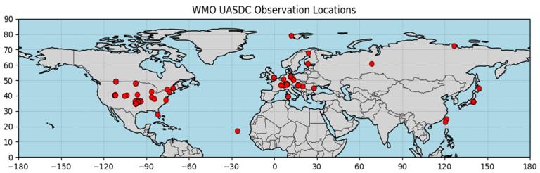 World map showing WMO UASDC observation locations marked with red dots, primarily in North America and Europe, with a few in Asia.