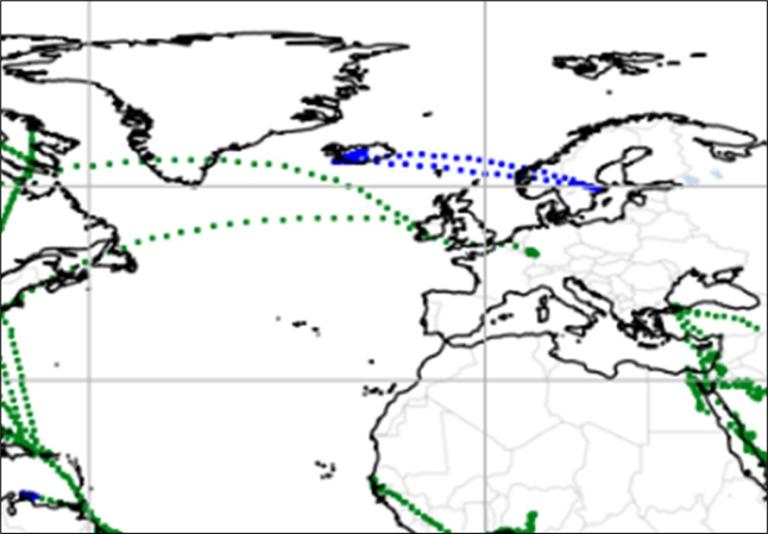 A map showing dotted lines in green and blue indicating travel or migration routes across the North Atlantic, connecting North America, Iceland, and Europe.