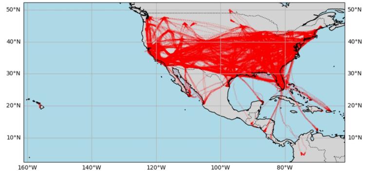 Map of North America showing dense red lines representing hurricane tracks across the United States, Gulf of Mexico, Caribbean, and eastern Pacific regions.