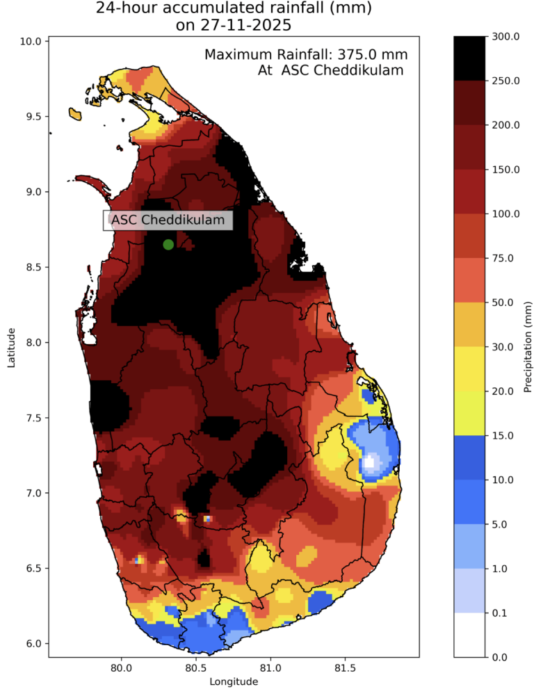 Map of Sri Lanka showing 24-hour accumulated rainfall on 27-11-2025, with highest rainfall (375 mm) at ASC Cheddikulam, indicated in dark red to black shades.