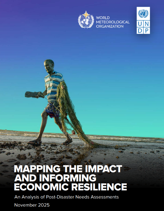 A person walks on a beach with fishing nets. "Mapping the Impact and Informing Economic Resilience" report cover by WMO and UNDP, published November 2025.