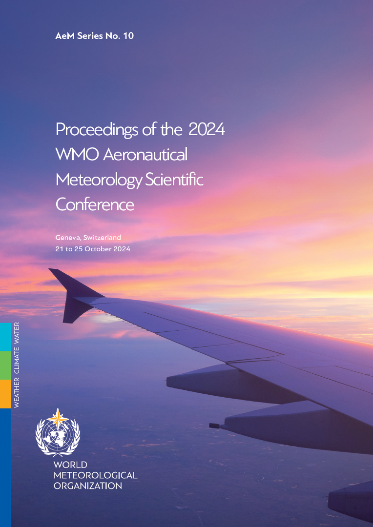 Airplane wing seen from passenger window with a colorful sky, overlaid with text for the 2024 WMO Aeronautical Meteorology Scientific Conference proceedings.