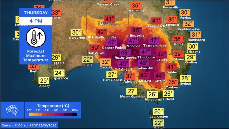 Weather map of southeastern Australia showing forecast temperatures for Thursday at 4 PM, with central regions reaching 49°C and cooler temperatures along the coasts.