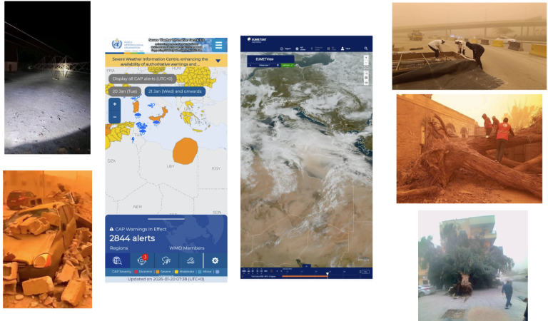 Collage showing severe weather alerts, dust storm imagery, and damage including fallen trees, debris, and people responding to a sandstorm incident in a desert region.
