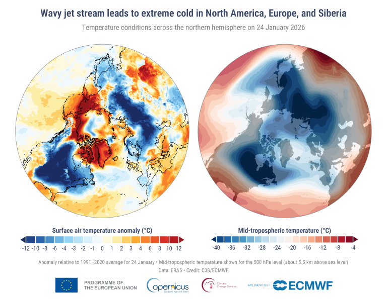 Map showing temperature anomalies across the Northern Hemisphere on January 24, 2026, with colder areas in blue and warmer areas in red for surface and mid-tropospheric temperatures.