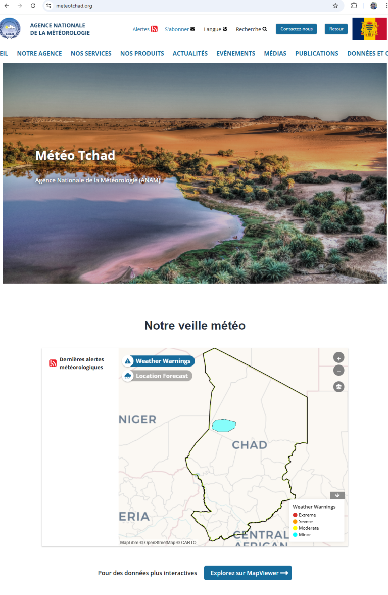 Screenshot of the Météo Tchad website showing a landscape image of Chad, weather warnings, and a map with weather alerts highlighted.
