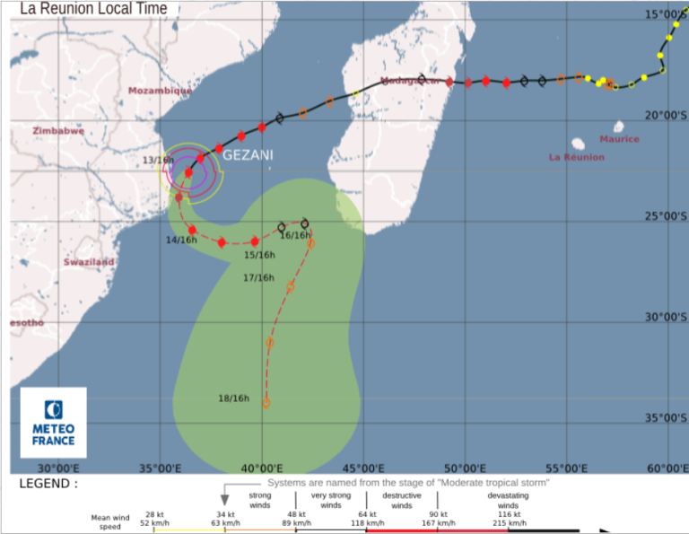 Track map of Tropical Storm Gezani near Madagascar, showing its projected path, wind intensity, and warning areas, with a legend and time markers from Meteo France.