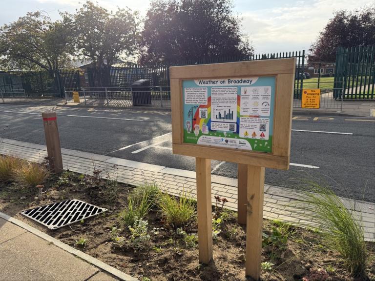 A wooden sign titled "Weather on Broadway" with weather data is displayed on a sidewalk near a road, with fencing, trees, and a grassy area in the background.