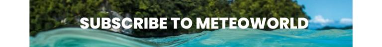 Text "SUBSCRIBE TO METEOWORLD" over a blurred background of water and a forested shoreline.