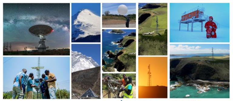 Collage of scientific research activities, radio towers, remote landscapes, snowy mountains, ocean cliffs, and researchers operating equipment in various environments.