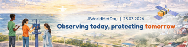 Two people observe the ocean using weather instruments on a balcony at sunrise. Text reads: "#WorldMetDay | 23.03.2026 Observing today, protecting tomorrow.