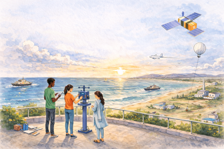Three people observe the ocean with scientific instruments on a terrace. Ships, a satellite, airplane, and a weather balloon are visible over the water, coastline, and village at sunset.