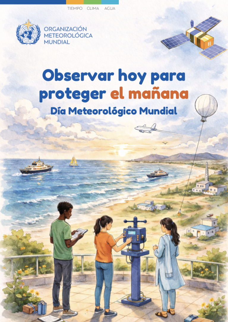 Cartel del Día Meteorológico Mundial que muestra a dos niños utilizando instrumentos meteorológicos cerca de la costa, con un barco, un avión y un globo meteorológico de fondo.
