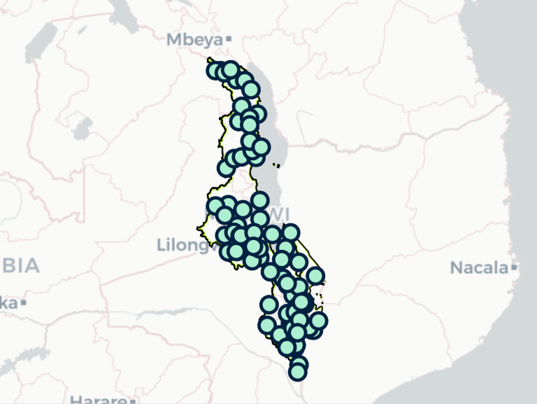 Map of Malawi showing clusters of data points marked with blue circles throughout the country, with major cities and borders visible.