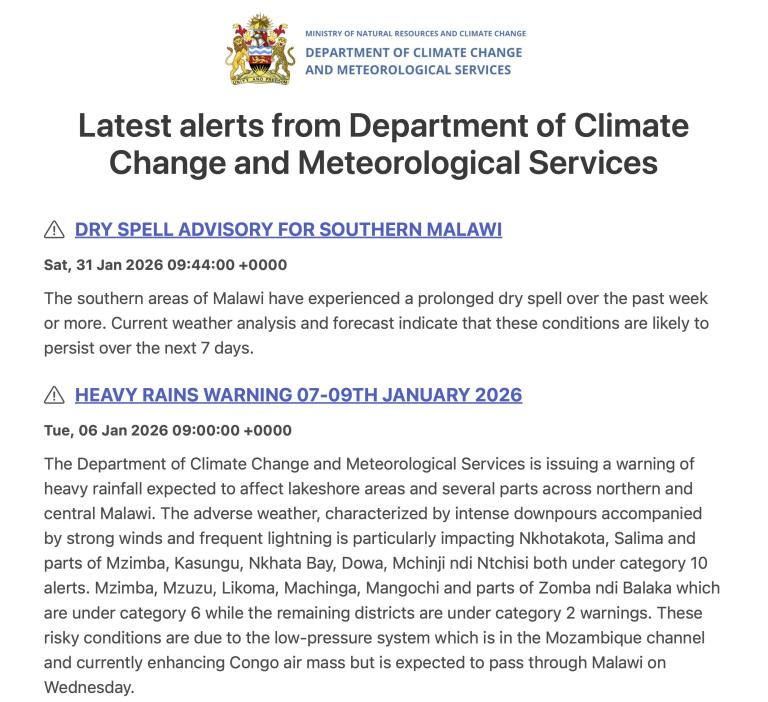 Screenshot of a government weather alert page with warnings about a dry spell in southern Malawi and heavy rains in northern and central regions, issued by the Department of Climate Change and Meteorological Services.