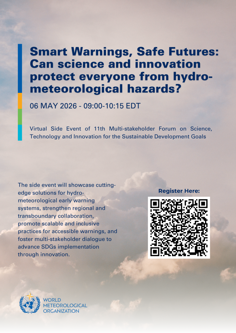 Poster for a virtual science event on hydro-meteorological hazard warning systems, featuring event details, a QR code for registration, and the World Meteorological Organization logo.