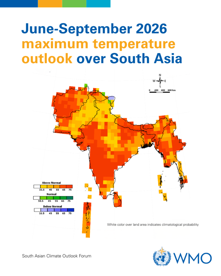 Map showing the projected maximum temperature outlook for South Asia in June–September 2026, with most areas predicted to be above normal; WMO logo in bottom right corner.