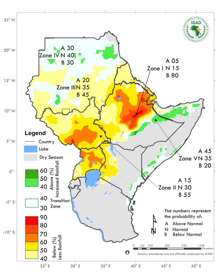 Map showing the probability of above or below normal rainfall in Eastern Africa, with zones color-coded by likelihood and a legend indicating rainfall levels for the 2019 dry season.