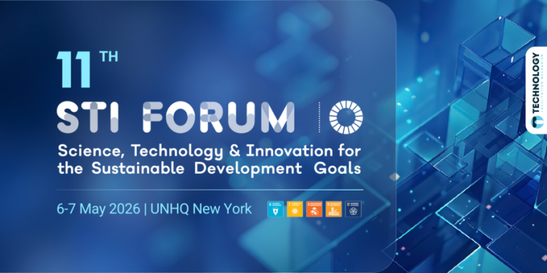 Banner for the 11th STI Forum on Science, Technology & Innovation for the Sustainable Development Goals, held 6-7 May 2026 at UNHQ New York, with SDG icons and a blue tech-themed background.