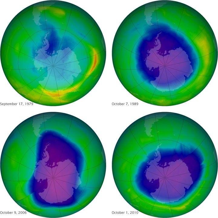 Four satellite images show the ozone hole over Antarctica on different dates from 1979 to 2010, illustrating its expansion and change in size and color over time.