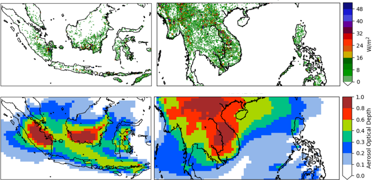 Four maps show spatial data for Indonesia and Southeast Asia: top row displays solar radiation, bottom row depicts aerosol optical depth, with corresponding color scales on the right.
