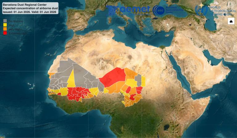Map showing expected concentration of airborne dust in West Africa and North Africa for June 1, 2026, with regions marked in yellow, orange, and red to indicate dust warning levels.