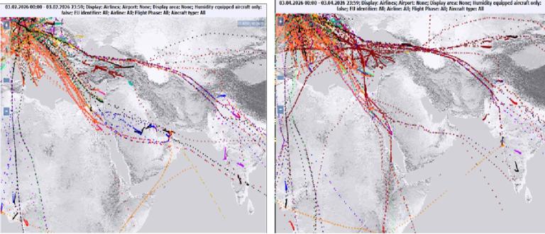 Two side-by-side maps show flight paths over South Asia, with various colored lines representing different aircraft routes and activity on different dates.
