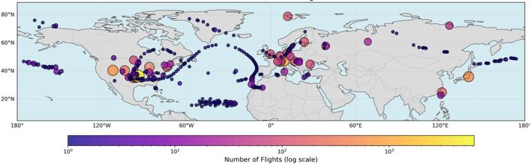 World map with colored dots indicating flight numbers at various locations; color bar below shows flight frequency on a logarithmic scale from low (purple) to high (yellow).