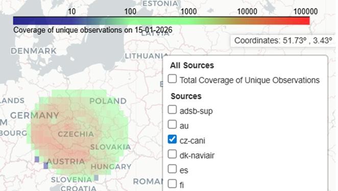 A heatmap over Central Europe displays coverage of unique observations as of January 15, 2026, with a selected data source labeled "cz-cani" and geographic coordinates shown.