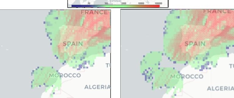 A comparison of two color-coded maps showing parts of Spain, France, Morocco, and Algeria with varying data intensities.