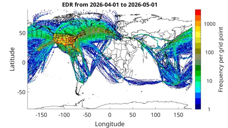 World map showing frequency per grid point of EDR from April 1 to May 1, 2026, with highest concentrations over central United States and color scale ranging from 0 to 1000.