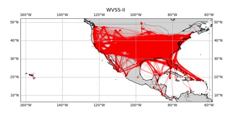 Map showing North America with dense red lines representing movement or routes, concentrated across the U.S., parts of Canada, Mexico, the Caribbean, and Hawaii.