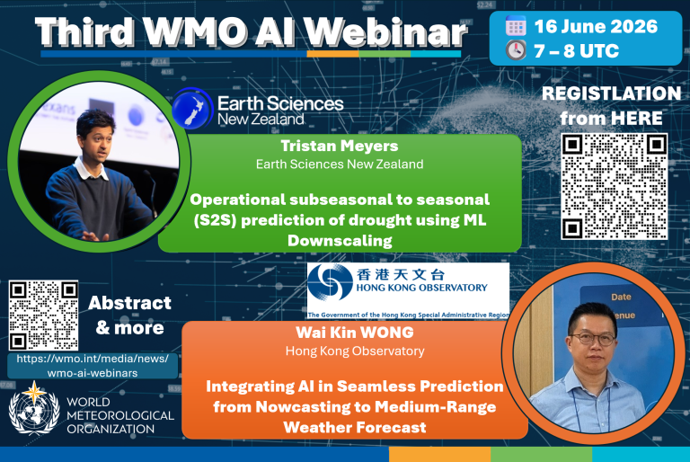 Promotional poster for the Third WMO AI Webinar featuring Tristan Meyers and Wai Kin Wong, with event details, topics, registration link, and organizational logos.