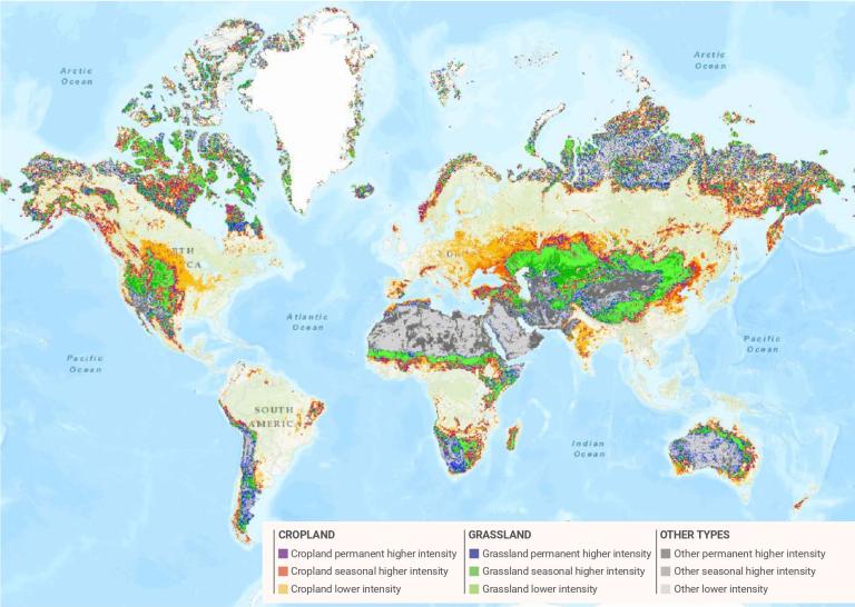 World map displaying cropland and grassland distribution by intensity and seasonality, color-coded by category; legend provides key to land use classifications.