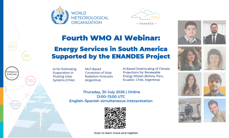 Webinar flyer for "Energy Services in South America Supported by the ENANDES Project," with event details, topics, speaker photos, and logos of the World Meteorological Organization and ENANDES.