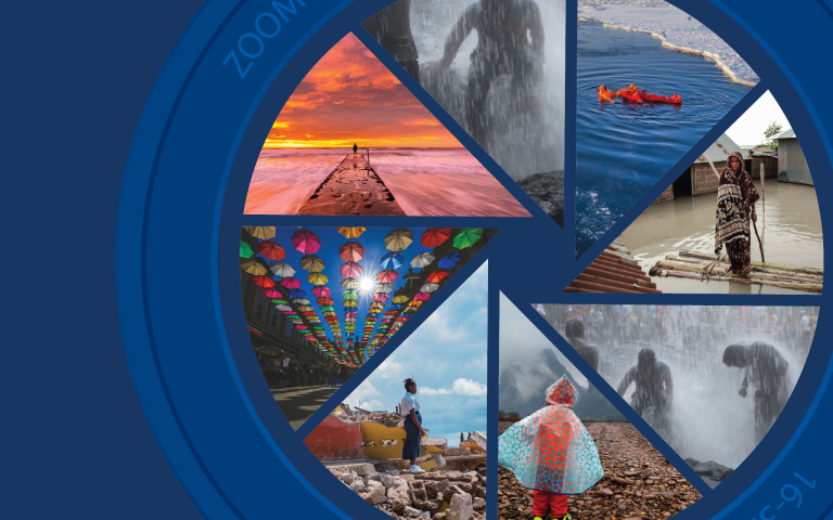 A blue circular graphic contains seven triangular photo segments showing various people in nature, urban, and flood settings, including umbrellas, sunsets, and water scenes.
