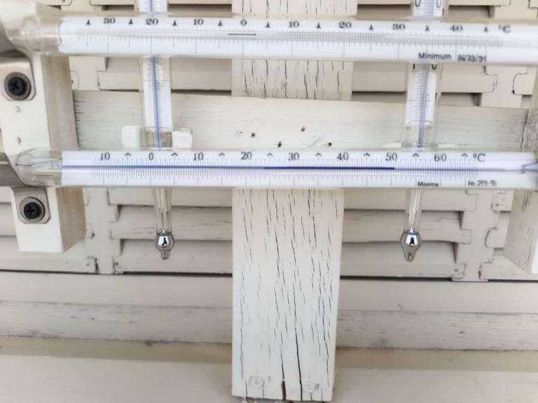Two glass thermometers mounted on a white wooden surface, with temperature readings visible in Celsius and Fahrenheit. The wood shows visible cracks and peeling paint.