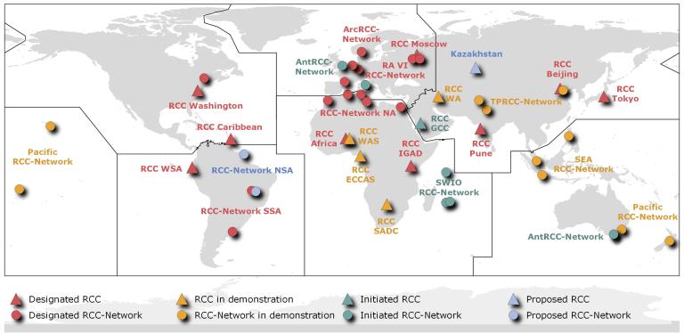 World map showing various Regional Climate Centers (RCCs) and networks, marked by colored shapes indicating their status: designated, demonstration, initiated, and proposed.