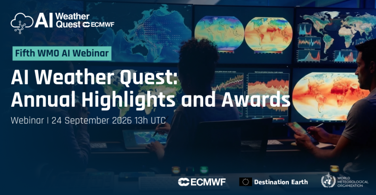 People monitor weather data on multiple screens in a control room. Text announces the AI Weather Quest webinar on 24 September 2026, with logos of ECMWF and World Meteorological Organization.