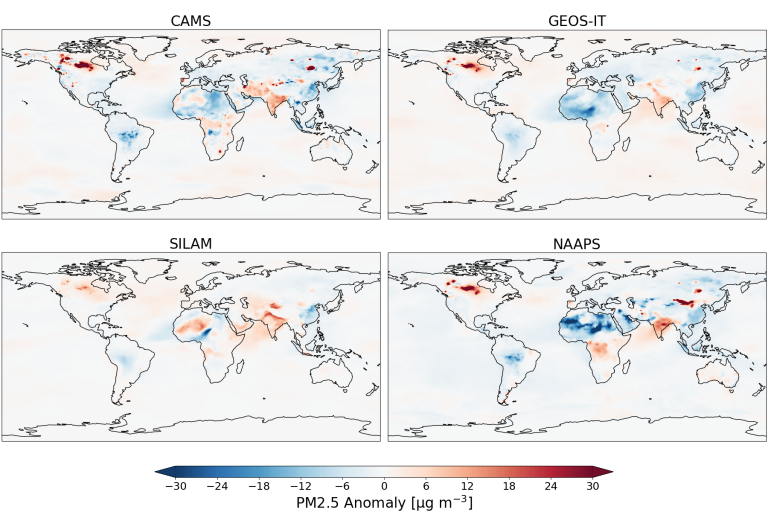 Four world maps show PM2.5 anomaly data from CAMS, GEOS-IT, SILAM, and NAAPS models, with blue for negative and red for positive anomalies.