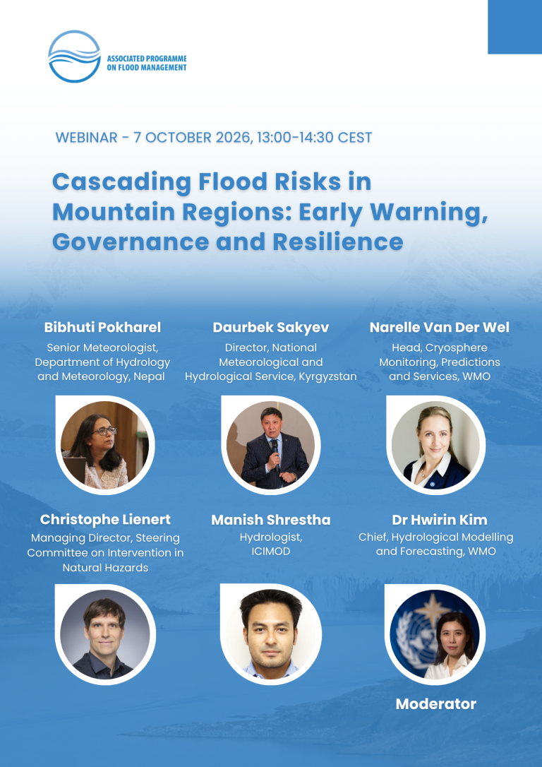 Webinar poster: “Cascading Flood Risks in Mountain Regions” on October 7, 2026, featuring six speakers and their titles.