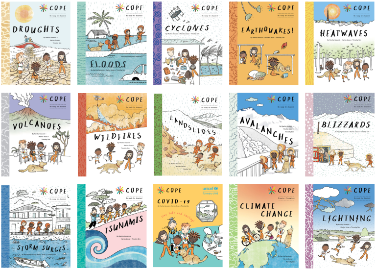 A collection of fifteen children’s books from the COPE disaster preparedness series, each featuring an illustrated cover and a specific natural hazard title.