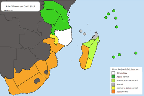 A map of East Africa and islands showing the 2026 OND rainfall forecast with regions marked as above normal, normal, below normal, or normal to below normal.