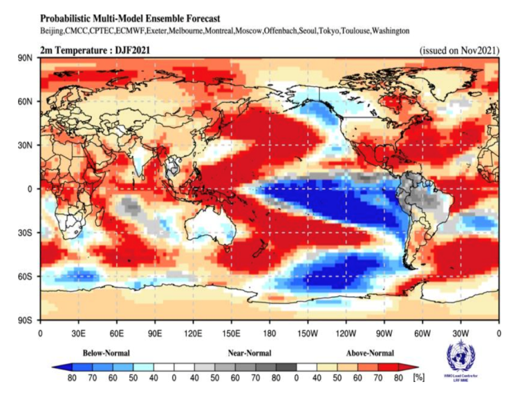 Probabilistic forecasts of surface air temperature for December-February 2021-2022