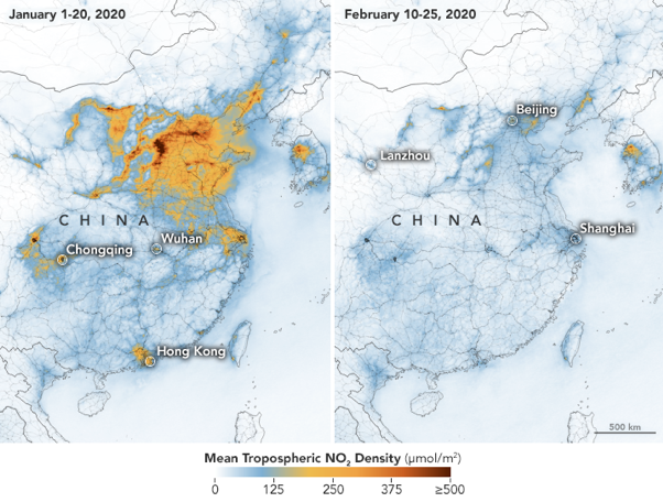 Figure 3: Mean tropospheric NO2 density, comparison between January and February 2020