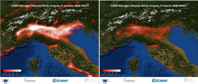 Figure 4: Surface concentrations of NO2 over northern Italy, comparison between 31 January and 15 March 2020