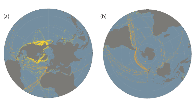 Figure 2: Ships’ positions where new-to-science marine-meteorological and sea-ice observations have been recovered from historical records