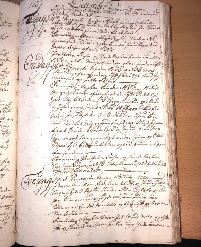 Monday, 14 December 1733. At the marker it says that there was wind from the west with a strength of bramsejls kuling (i.e. topgallant sail).