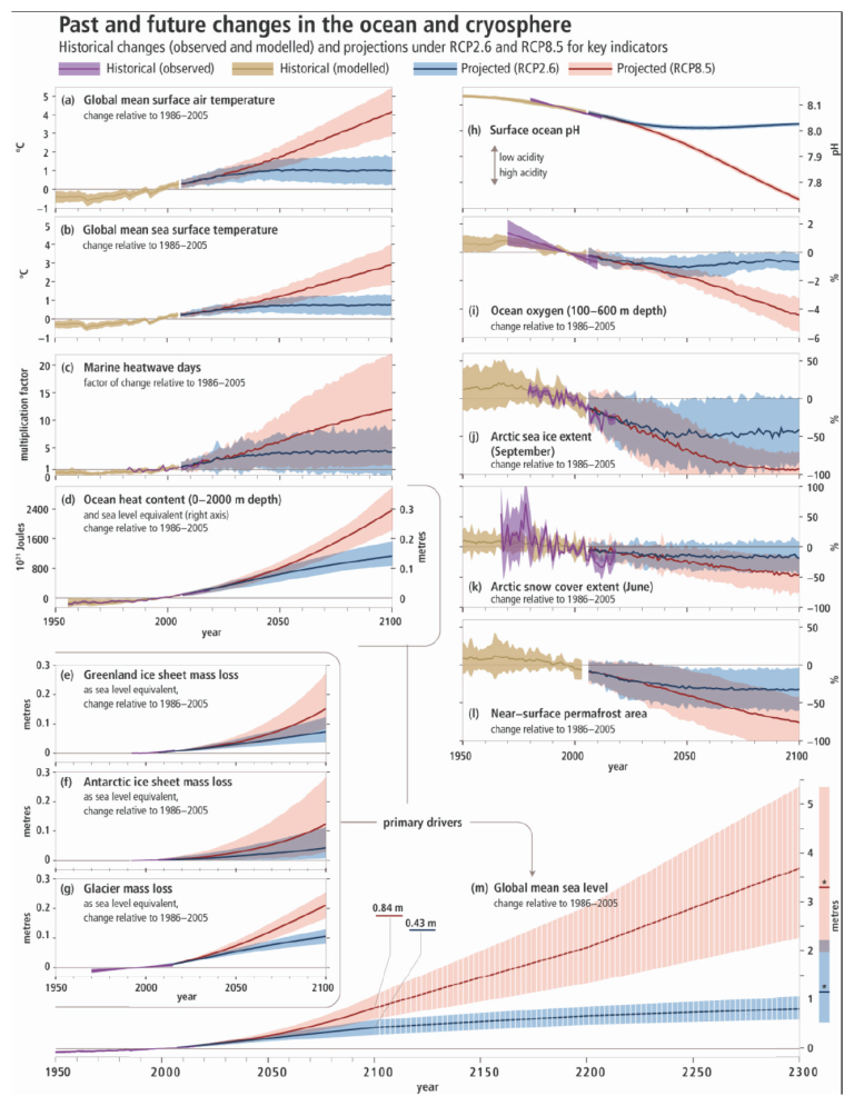 Observed and modelled historical changes in the ocean and cryosphere since 1950, and projected future changes under low (RCP2.6) and high (RCP8.5) greenhouse gas emissions scenarios. For full caption see Figure SPM.1.