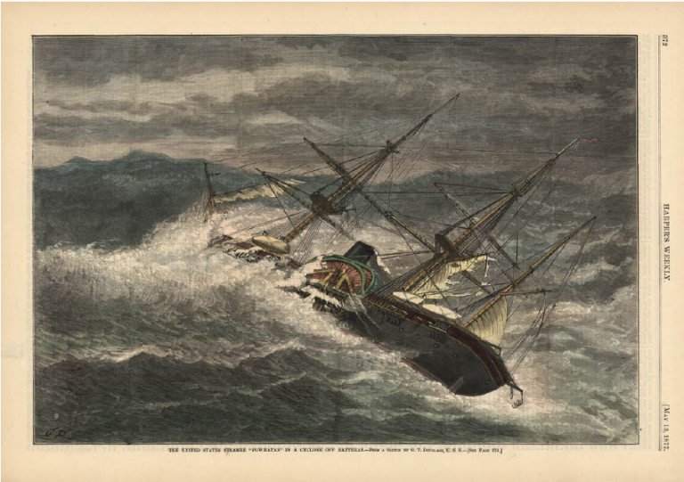 The United States Steamer “Powhatan” in a cyclone of Hatteras – From a sketch by G.T. Douglass, U.S.N. – [See Page 374.] in Harper’s Weekly, May 12, 1877.